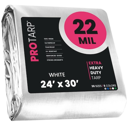 Protarp Heavy Duty Tarp, 24 ft x 30 ft, 22 Mil, White, Polyethylene, Waterproof, Rip and Tear Proof PT-204-24X30